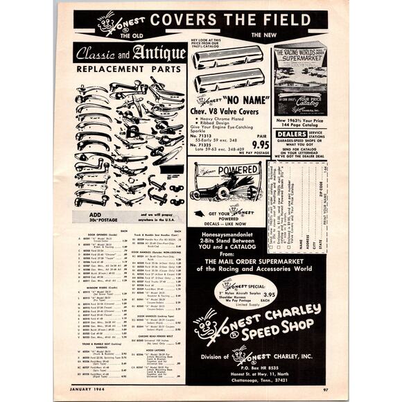 Honest Charley Speed Shop Replacement Parts Chattanooga TN 1964 Magazine Ad SI4 - Picture 1 of 2